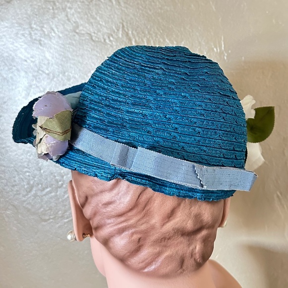 BEGUILING 1940s\' 2 COLOR STRAW HAT WITH FABRIC FLOWERS main image 9